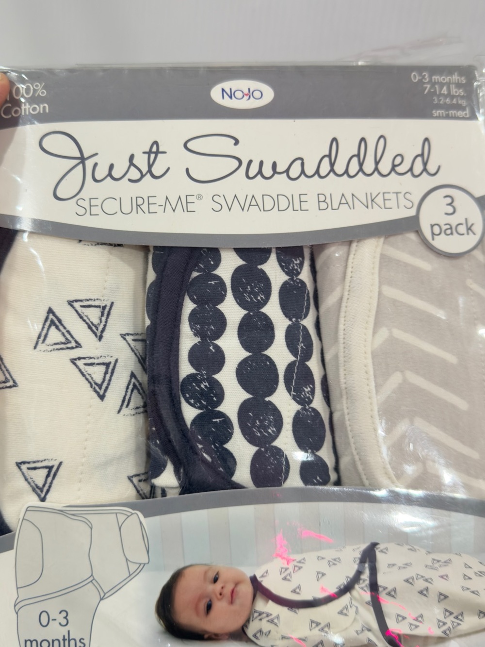 Just Swaddled Secure-Me Swaddle Blankets - Navy & Light Gray (3 Pack)